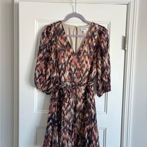 Evereve Multicolor Patterned Dress, 3/4 sleeves, tie belt, small